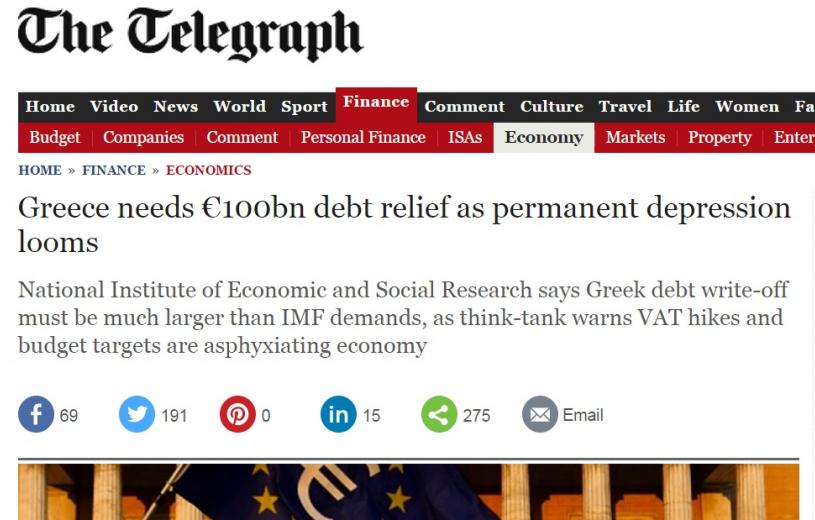 Telegraph: Μόνο με διαγραφή χρέους 100 δισ. ευρώ σώζεται η ελληνική οικονομία