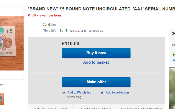 Πωλούν το νέο χαρτονόμισμα των 5 λιρών στο eBay για 200!