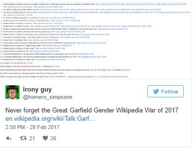Καβγάς για το φύλο του Γκάρφιλντ στη Wikipedia!