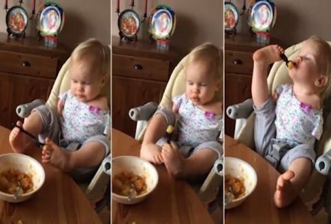 Θα σου λιώσει την καρδιά: Κοριτσάκι που γεννήθηκε χωρίς χέρια τρώει μόνο του για πρώτη φορά και ρίχνει το Facebook! (BINTEO)