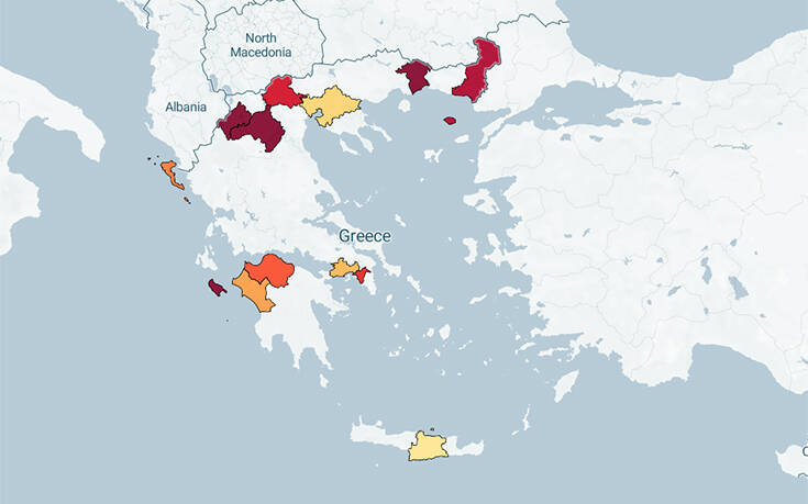 Ο κορονοϊός στην Ελλάδα σε real time: Οι κόκκινες, οι πορτοκαλί και οι λευκές περιοχές