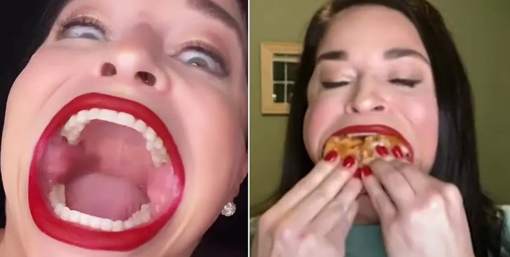 Μεγάλο ταλέντο: Γυναίκα με τεράστιο στόμα χώνει μέσα τα ντόνατς δυο-δυο και τα καταπίνει