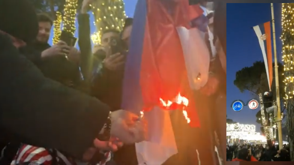Χειροπέδες σε Αλβανούς διαδηλωτές που έκαψαν σερβική σημαία στα Τίρανα